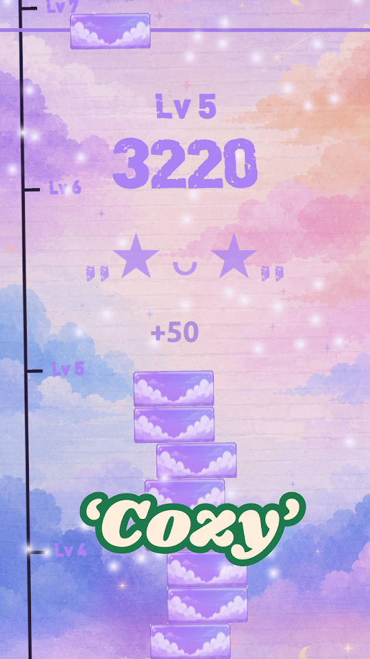 Cloud-day skin gameplay with a lavender block tower and score