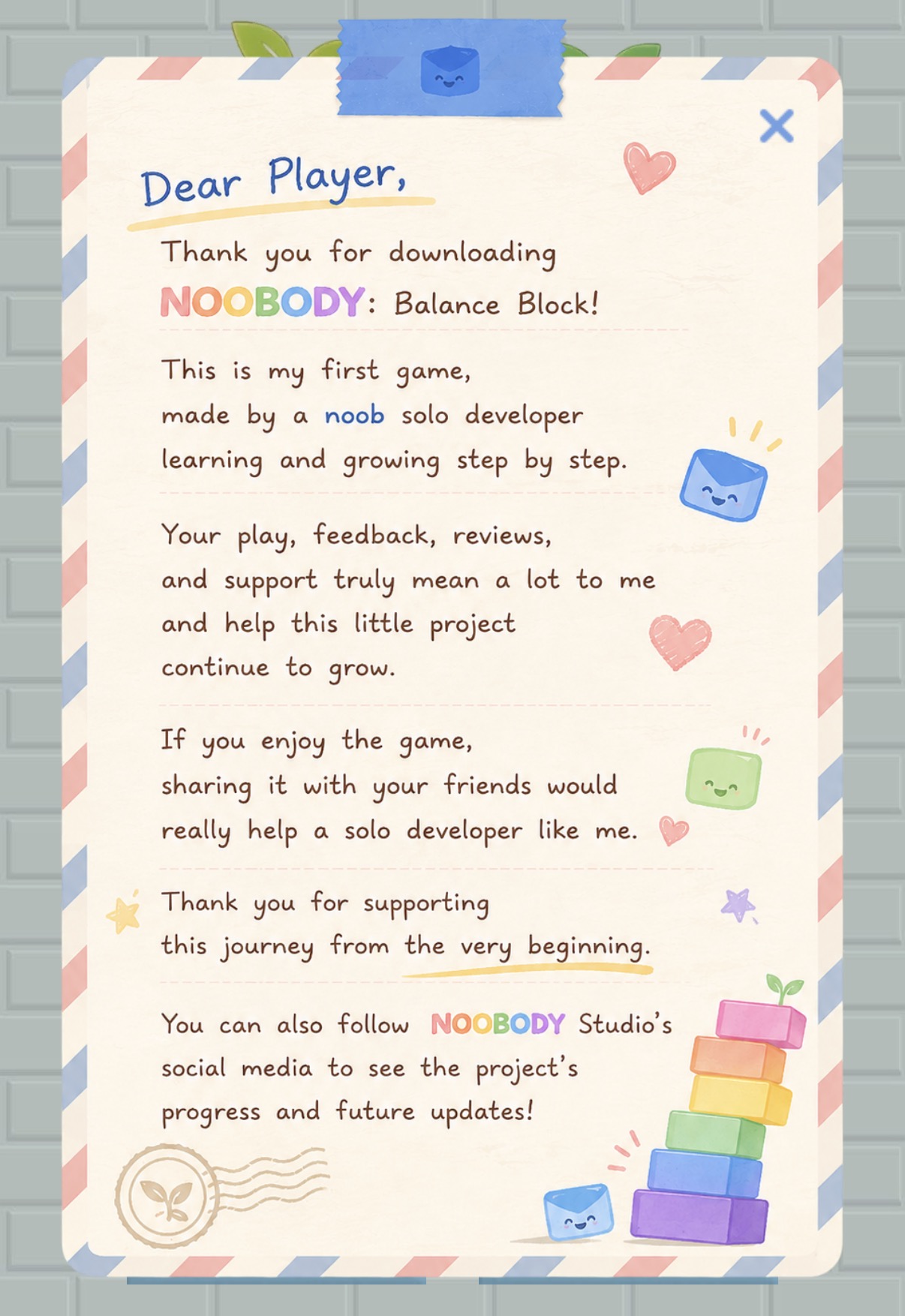 A handwritten thank-you letter to Balance Block players, decorated with hearts, smiling blocks, and an airmail border
